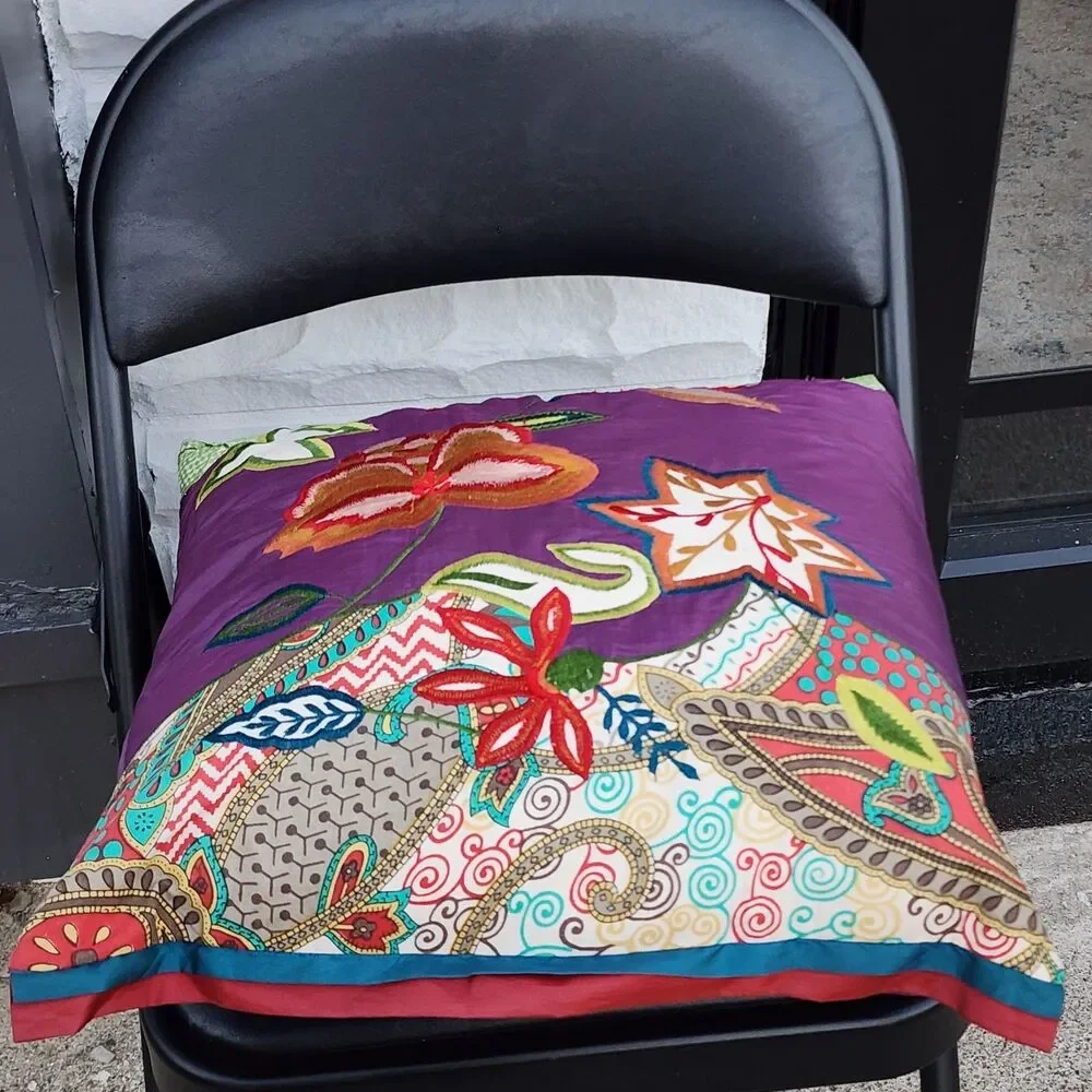 Pier 1 Boho Embroidered Silk Throw Pillow Purple Floral Patchwork Applique